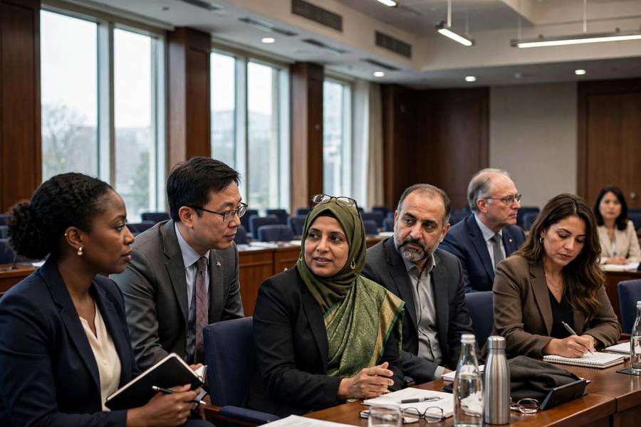 Diverse delegates in a formal international assembly hall