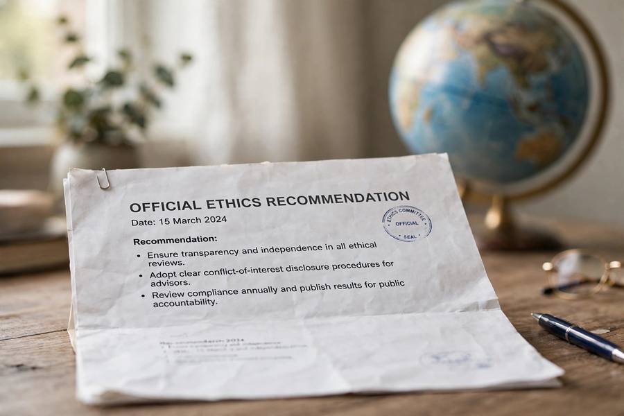 Official ethics recommendation document with a globe in the background