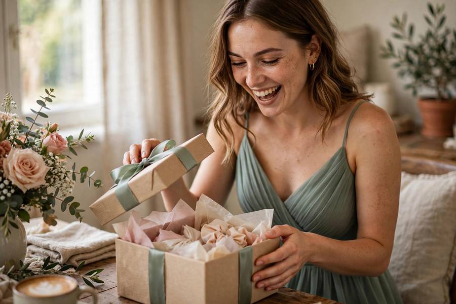 Bridesmaid opening a personalized gift