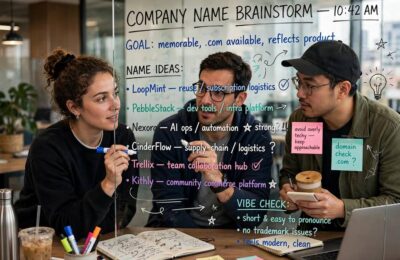Startup team brainstorming unique business name ideas