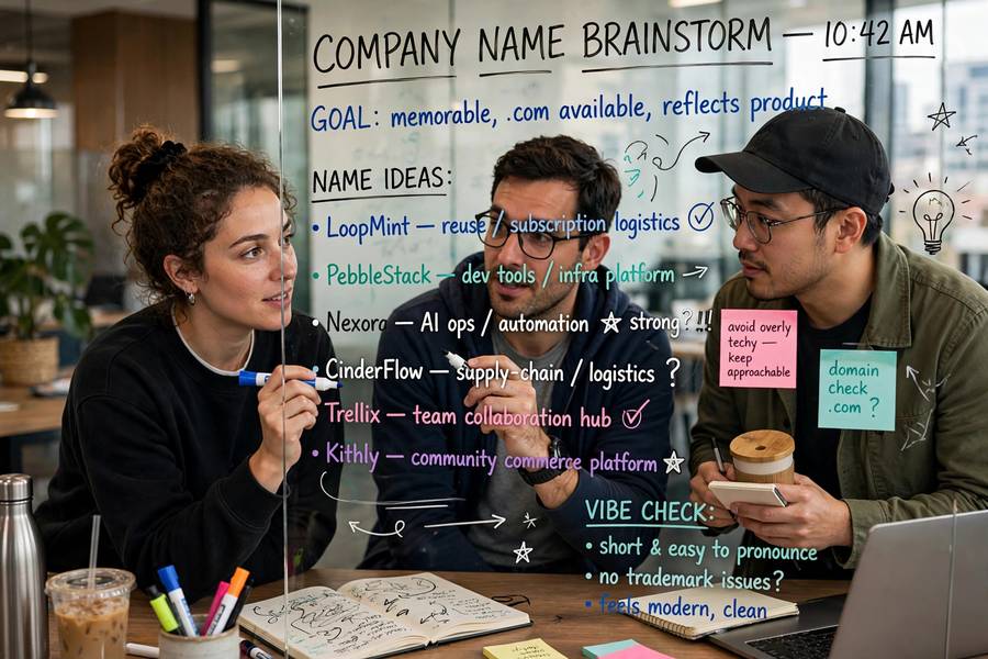 Startup team brainstorming unique business name ideas