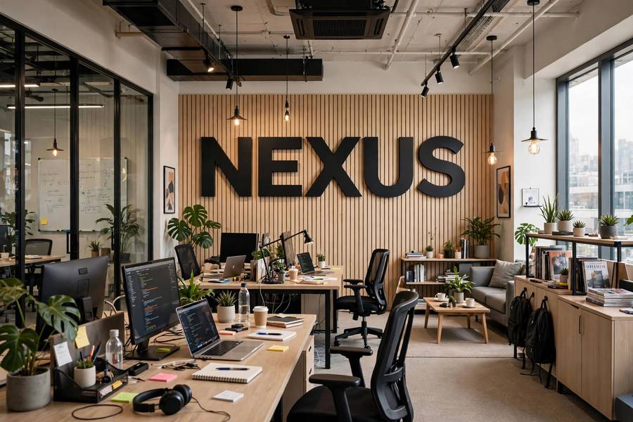 Startup office displaying unique company name