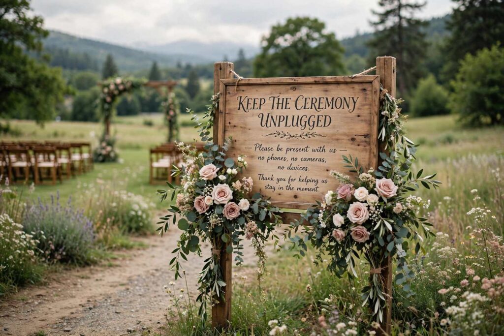 Elegant sign asking guests to keep the ceremony unplugged