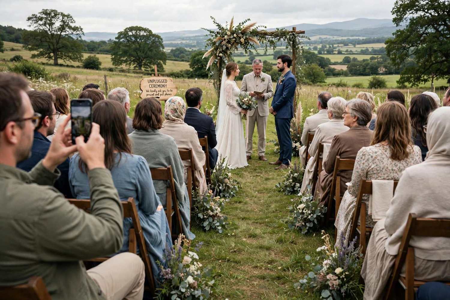 Guest holding up a phone during a ceremony, illustrating why couples go unplugged
