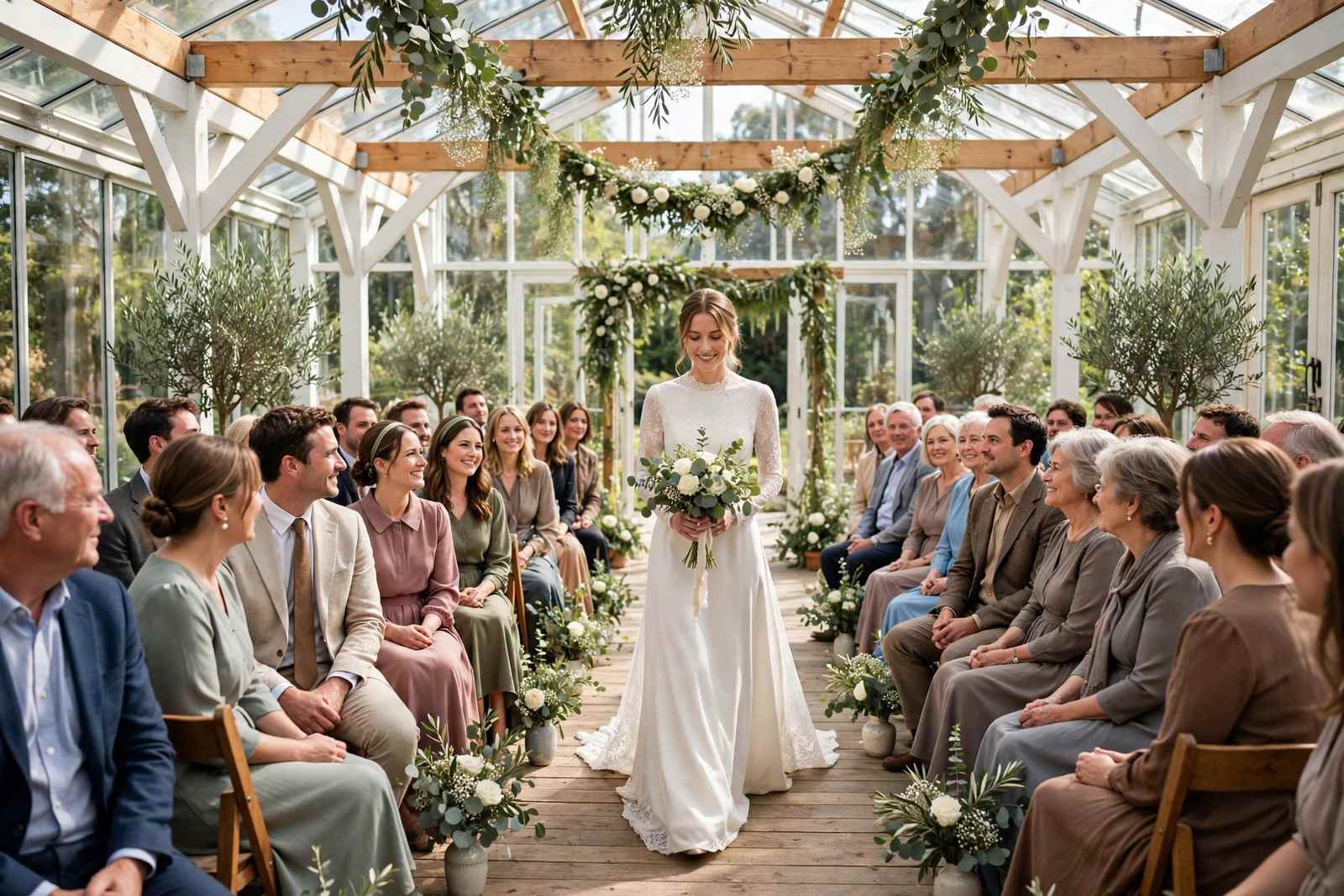 Bride walking down the aisle with guests fully present, no phones visible