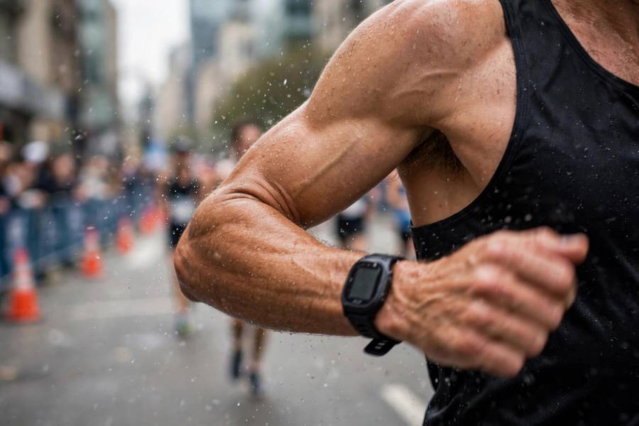 Photorealistic close-up of a marathon runner's powerful arm swing mid-race, motion energy, city marathon course