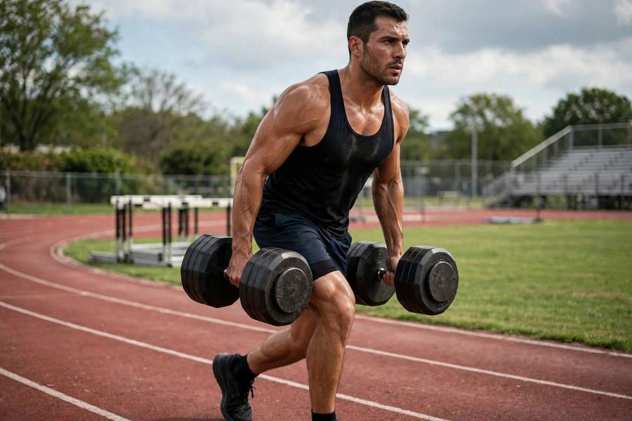 Photorealistic image of an athlete performing a farmer's carry with heavy dumbbells on an outdoor track
