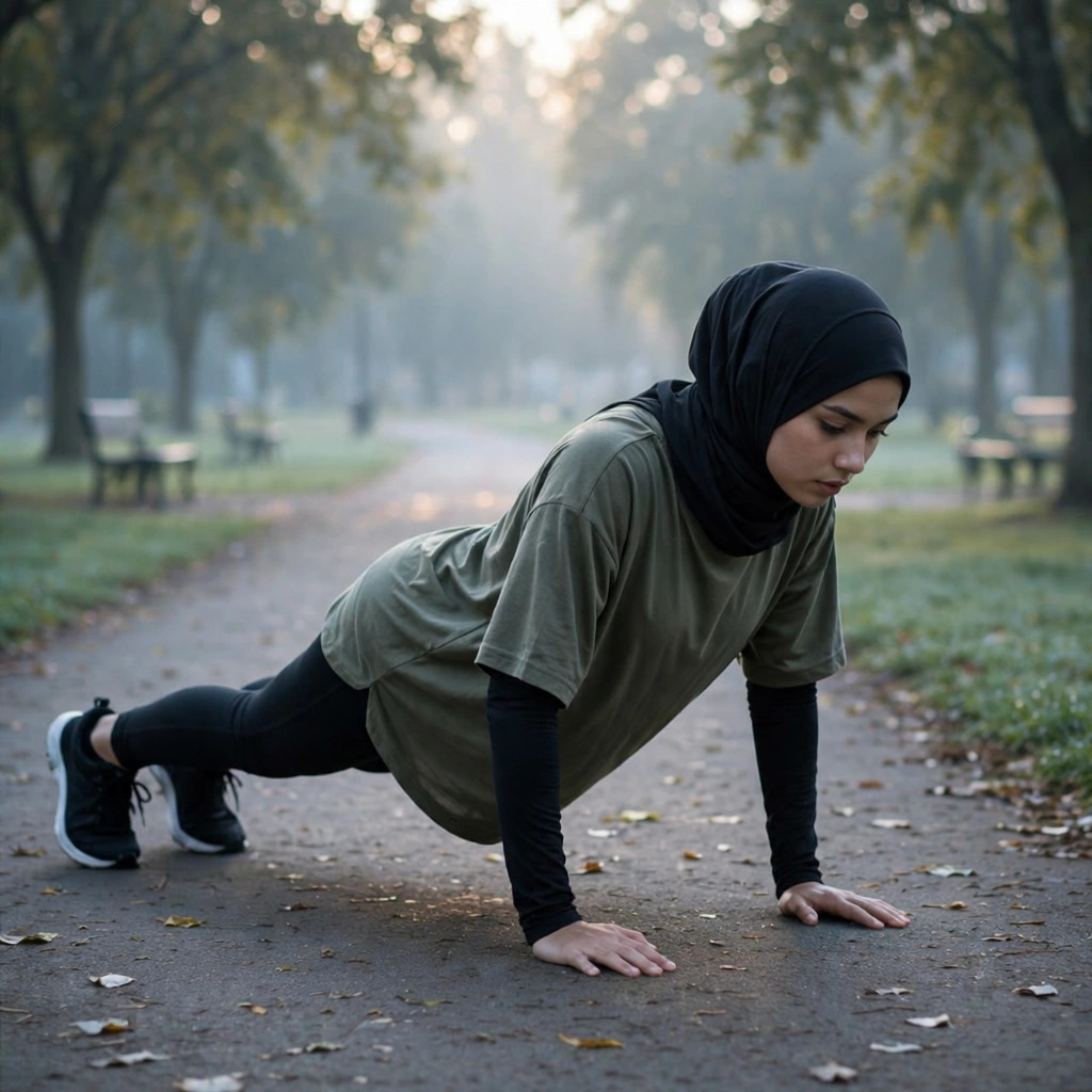 Photorealistic photo of a runner doing push-ups on a park path at dawn, focused and controlled form