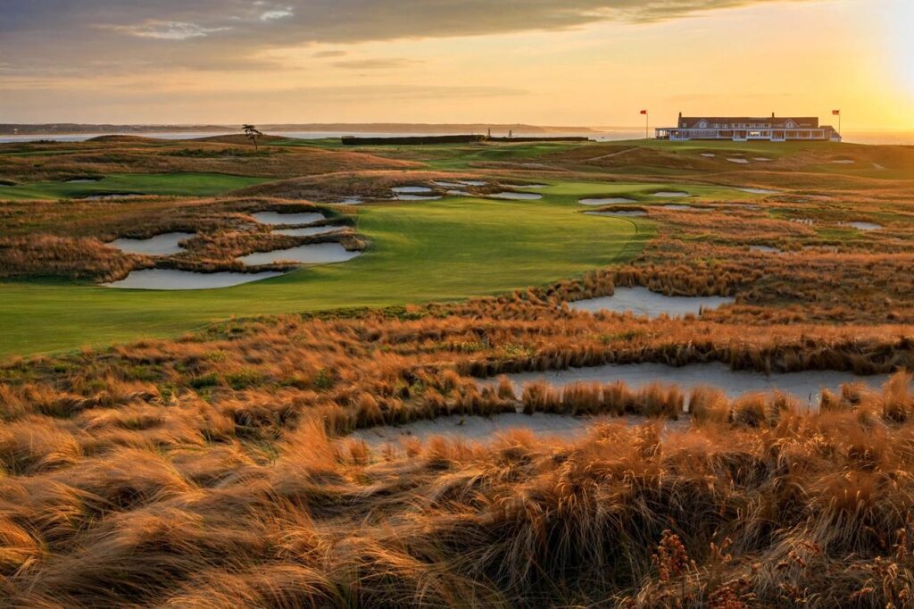Shinnecock Hills Golf Club at golden hour, host of the 2026 US Open won by Wyndham Clark