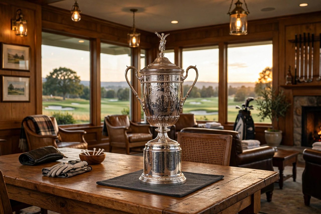 The US Open championship trophy on display at Shinnecock Hills