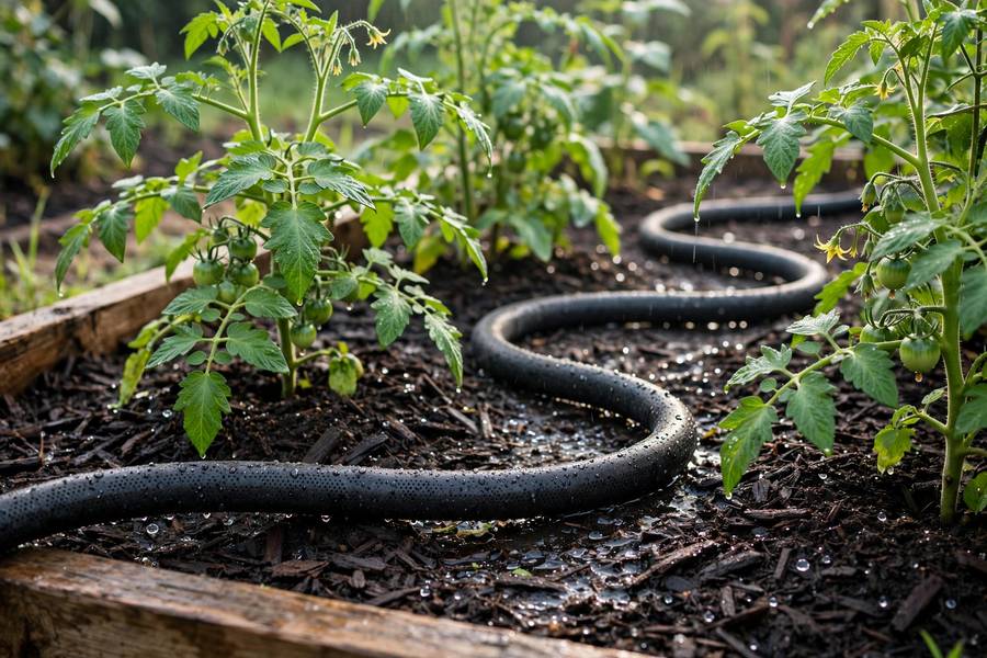 Soaker hose watering a mulched vegetable bed with thriving tomato plants in morning light