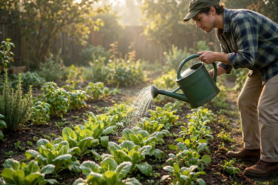 Finger testing soil moisture two inches deep beside a young vegetable plant