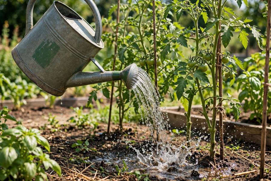 Watering can watering at the base of tomato plants with careful technique