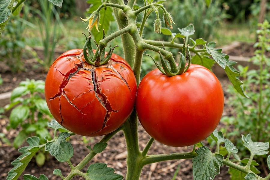 Cracked tomato on the vine beside a healthy one showing effects of erratic watering