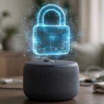 Voice recognition privacy concerns — a smart speaker secured with a padlock