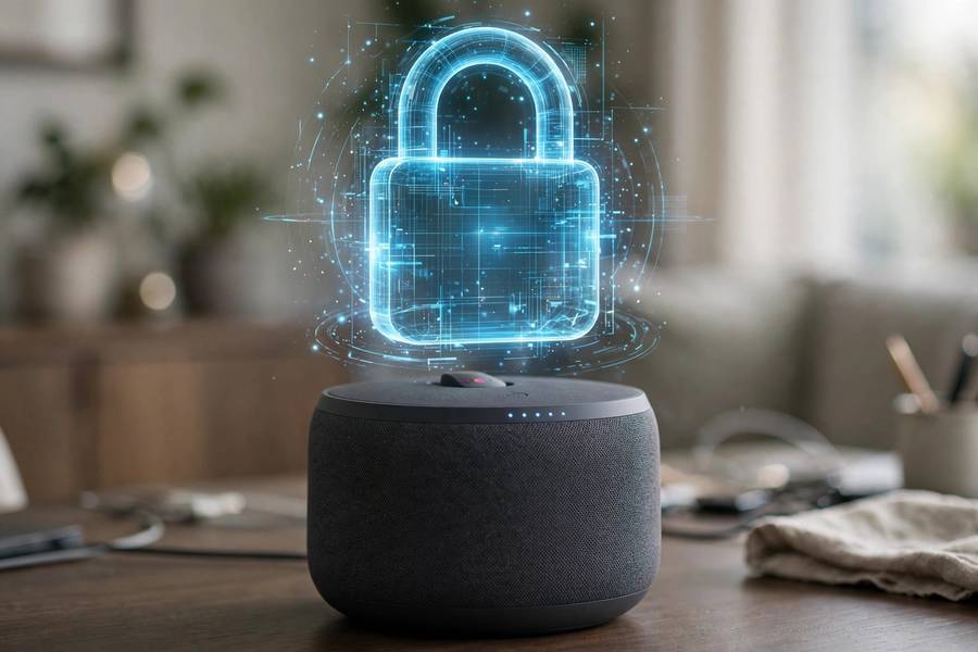 Voice recognition privacy concerns — a smart speaker secured with a padlock