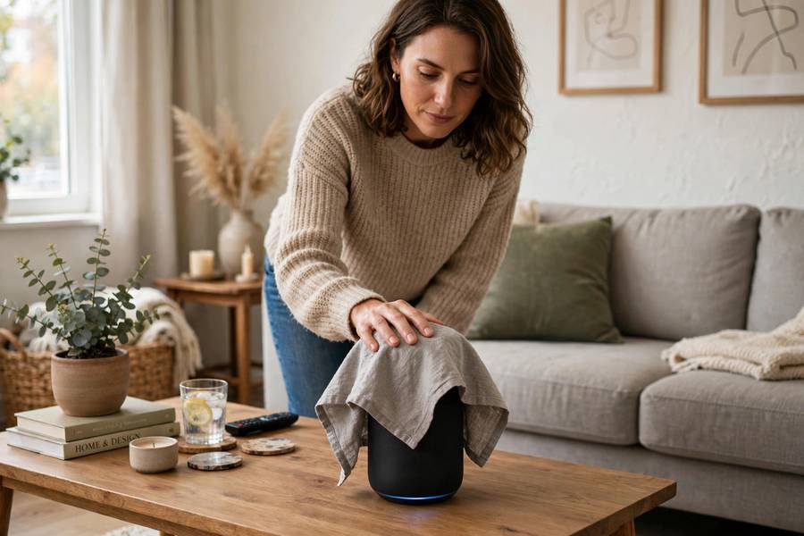 Someone covering a smart speaker over voice recognition privacy concerns