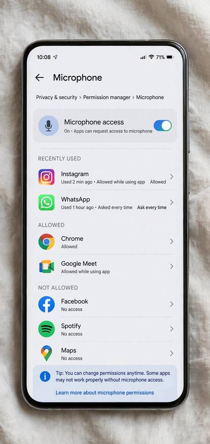 Microphone permission settings to address voice recognition privacy concerns