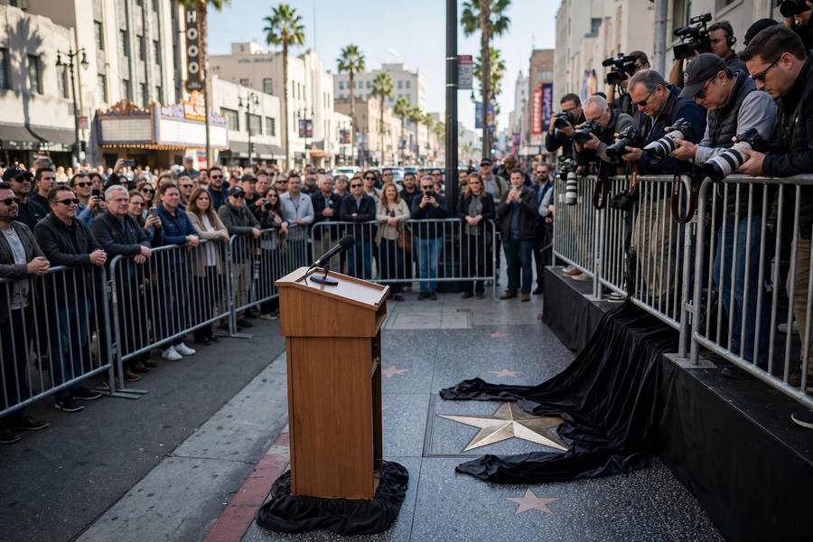 Star unveiling ceremony with crowd and podium on Hollywood Boulevard