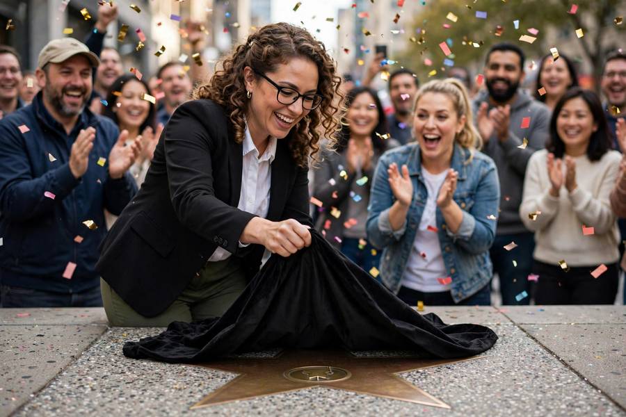Celebrity pulling the cover off their Walk of Fame star
