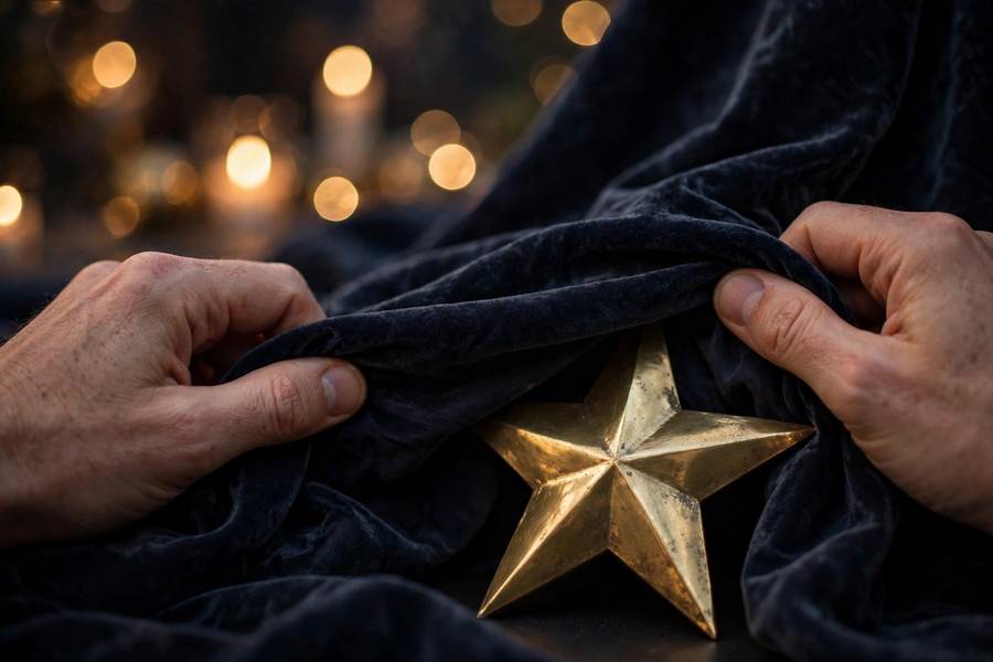 Close-up of hands unveiling a brass star