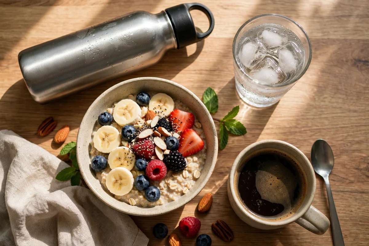 Water bottle and glass of water next to a healthy breakfast bowl of oatmeal and fruit