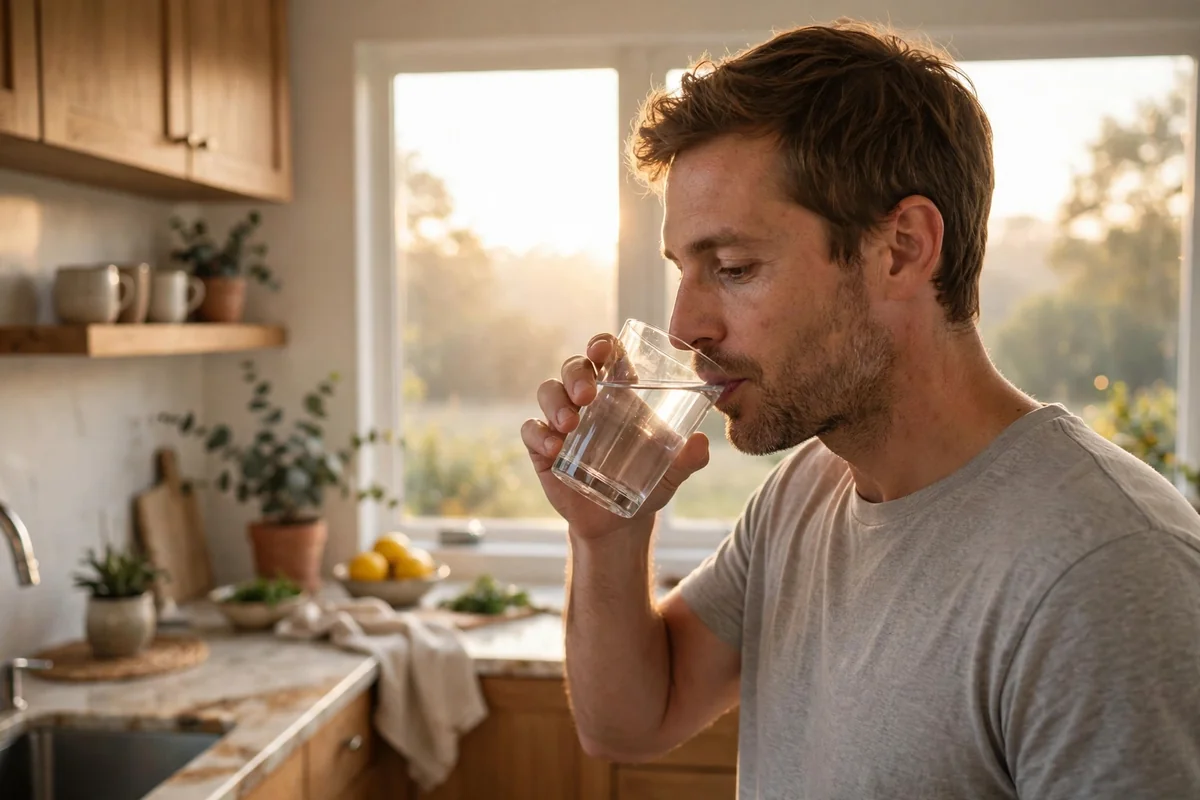 Man drinking a glass of water in a bright kitchen at sunrise