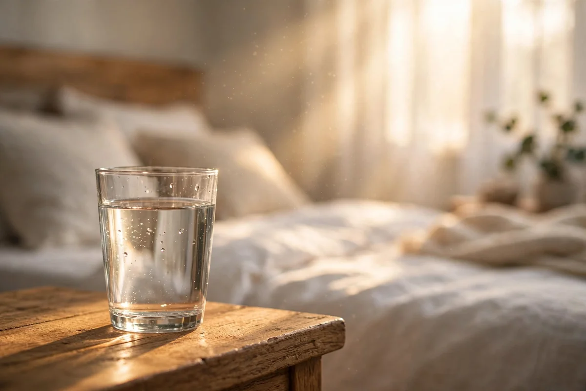 Glass of water on a bedside table in soft morning sunlight