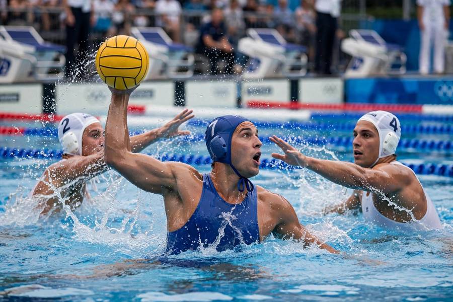 Player shooting under water polo rules during a match