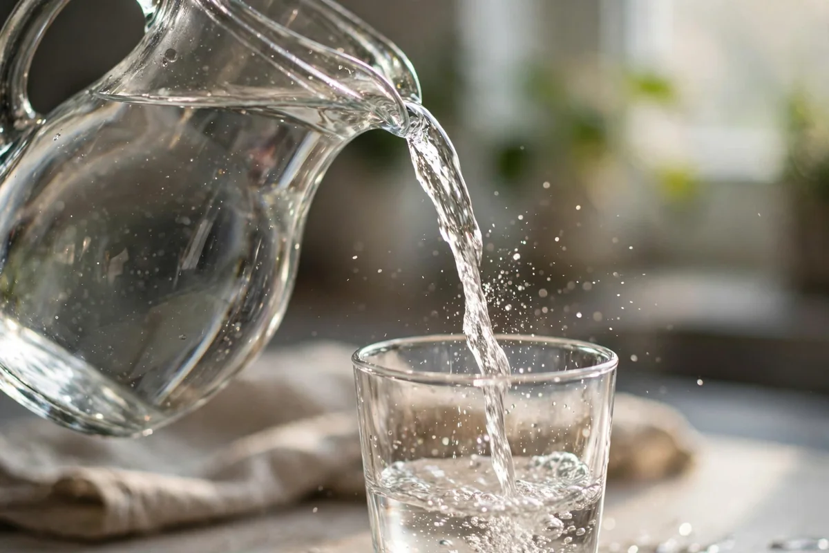 Water being poured from a glass pitcher into a drinking glass