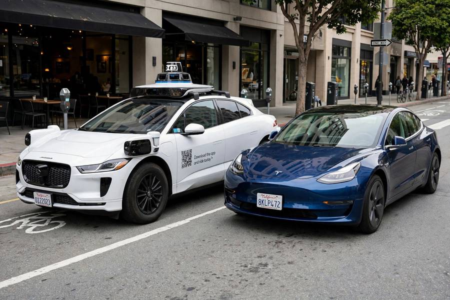 Waymo robotaxi beside a Tesla illustrating Waymo vs Tesla