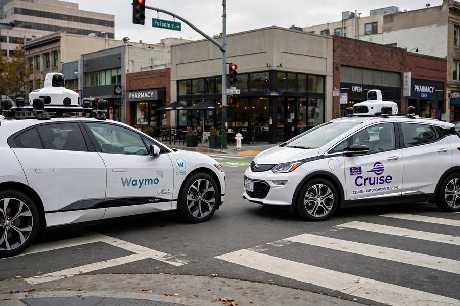 Two different autonomous vehicles at an intersection showing Waymo vs Tesla