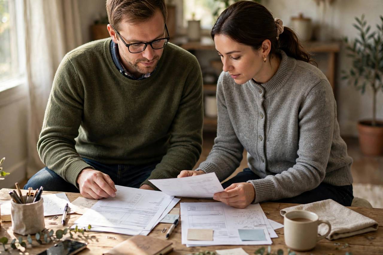 A couple reviewing wedding budget spreadsheets together at a dining table