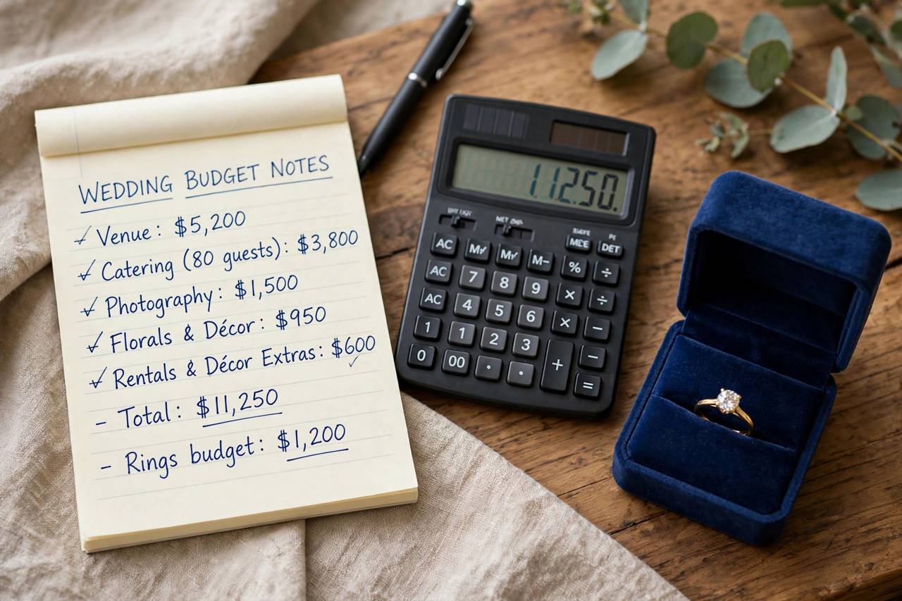 Wedding budget planning notes with a calculator and ring box on a table