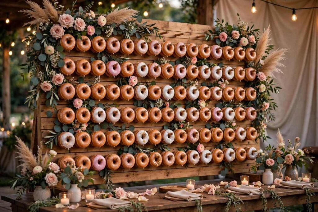 Beautiful donut wall display at a wedding reception