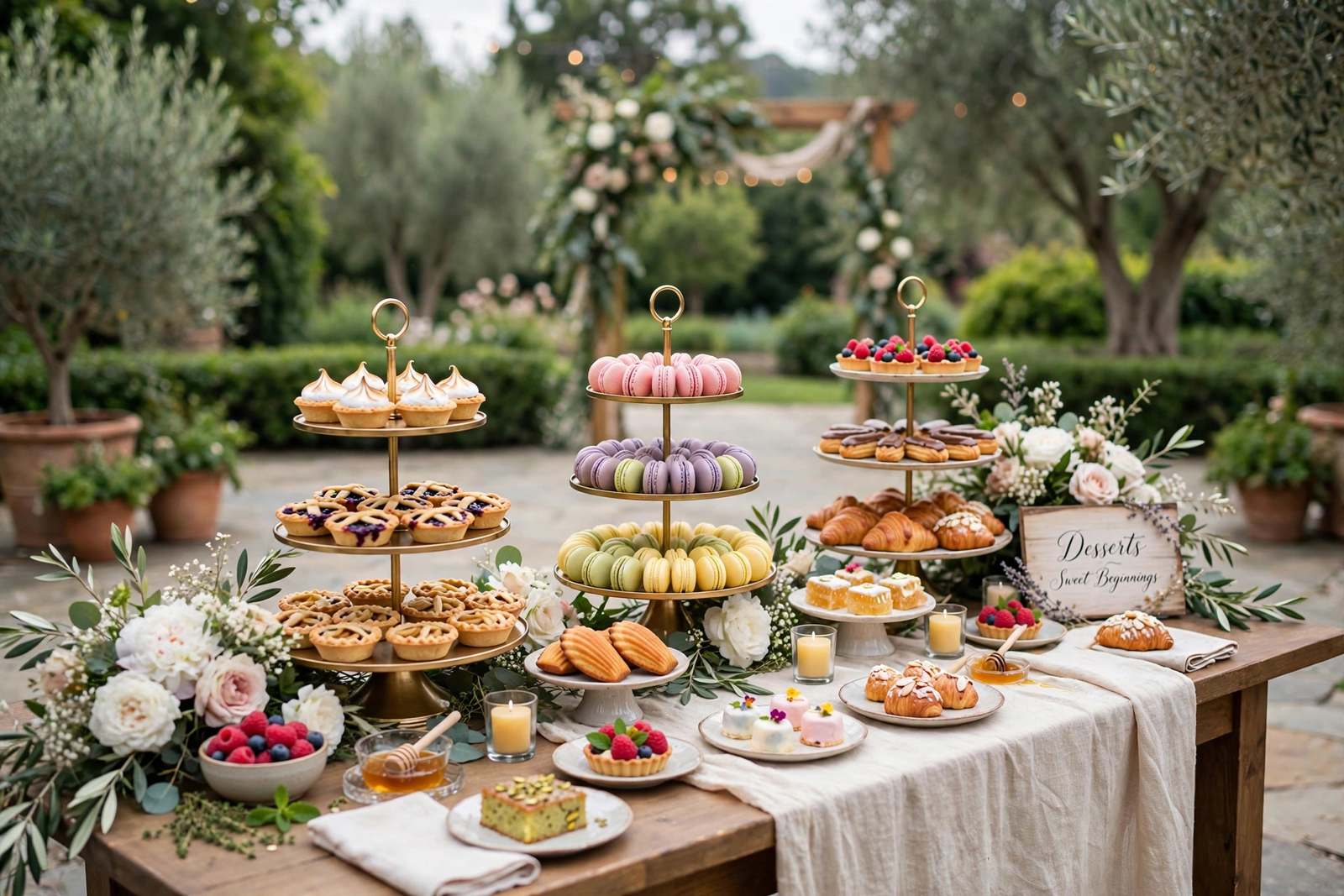 Elegant dessert bar with mini pies, macarons and pastries at a wedding