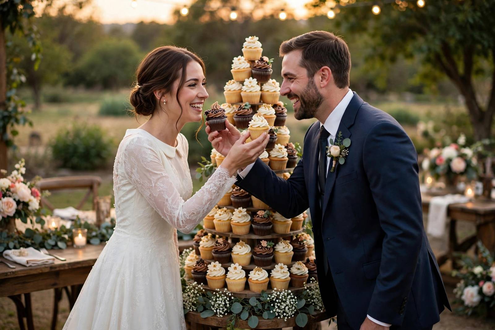 Couple feeding each other cupcakes in front of a cupcake tower