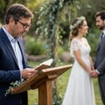 Wedding Ceremony Readings: 18 Beautiful Options A guest delivering one of the chosen wedding ceremony readings during an outdoor ceremony
