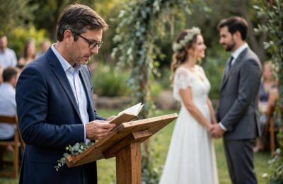 A guest delivering one of the chosen wedding ceremony readings during an outdoor ceremony