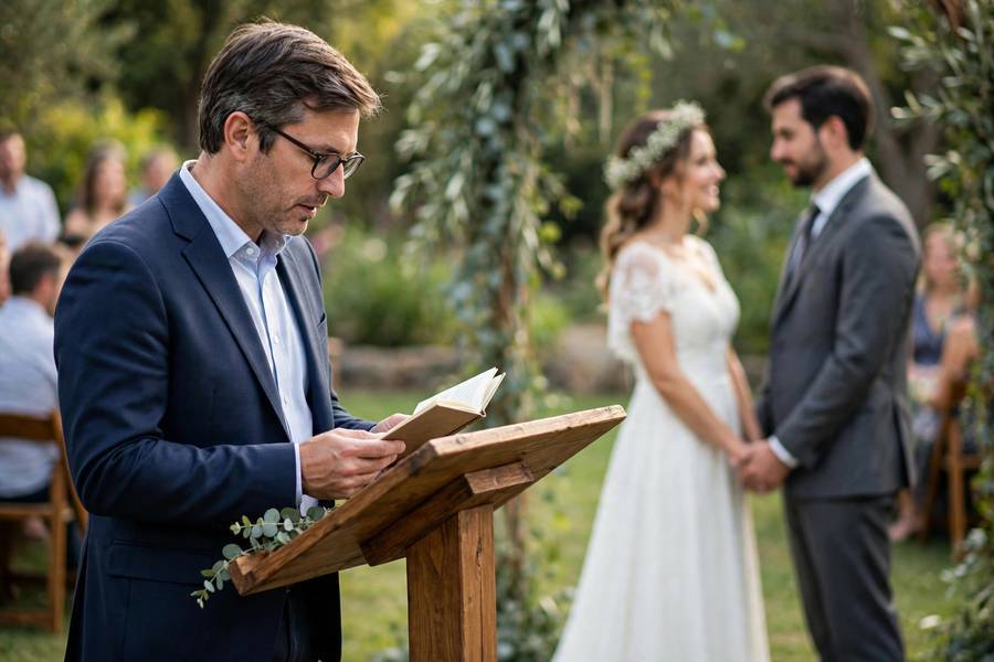 A guest delivering one of the chosen wedding ceremony readings during an outdoor ceremony