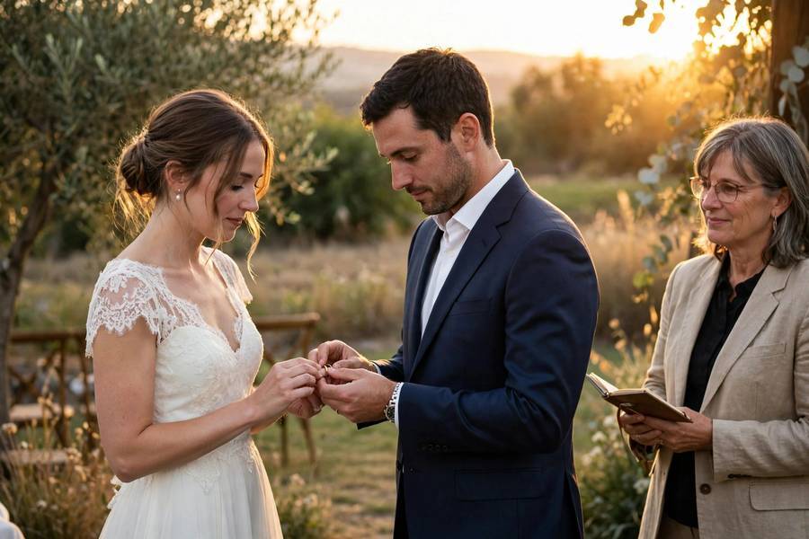 The ring exchange following the readings — wedding ceremony readings lead into the ceremony's pivotal moments