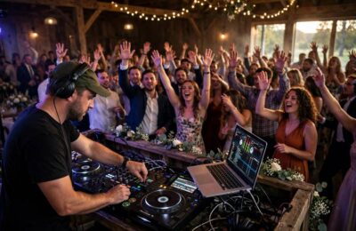 A wedding DJ keeping the dance floor packed — the wedding DJ vs band decision shapes the whole reception