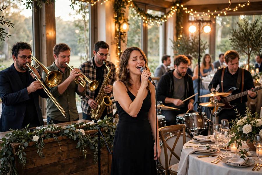A live band performing at a wedding reception — live energy is the band's edge in the wedding DJ vs band debate