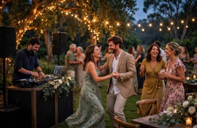 Outdoor wedding reception with DJ and dancing guests under string lights