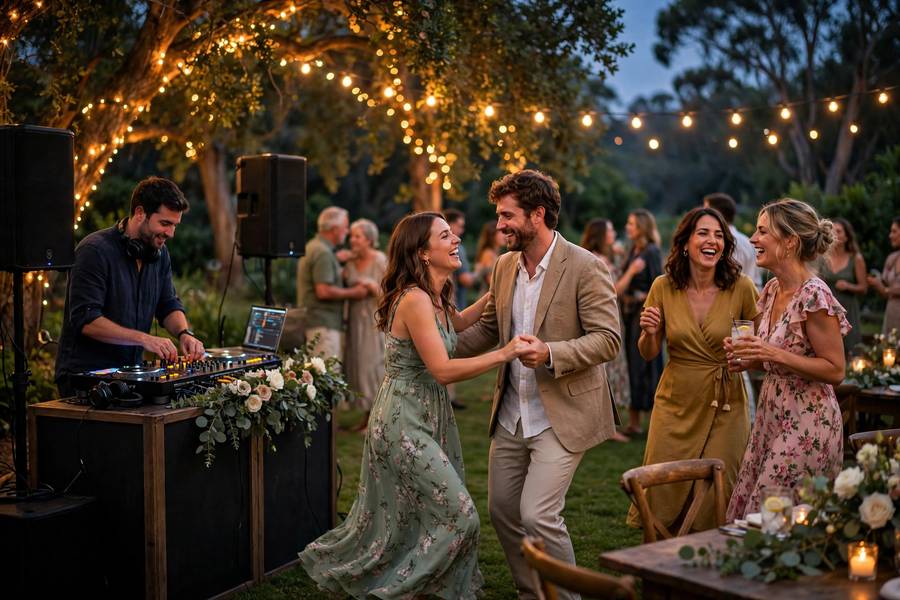 Outdoor wedding reception with DJ and dancing guests under string lights