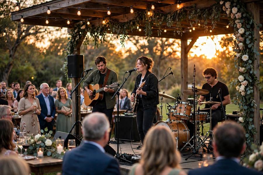 Live band performing on a covered stage at an outdoor wedding at sunset