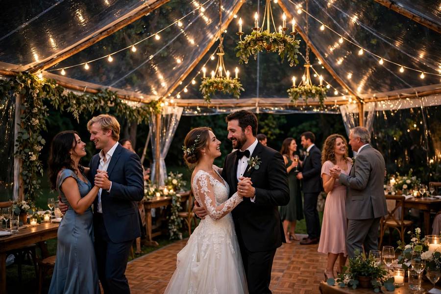 Outdoor wedding dance floor under a tent at night — DJ vs band for outdoor wedding
