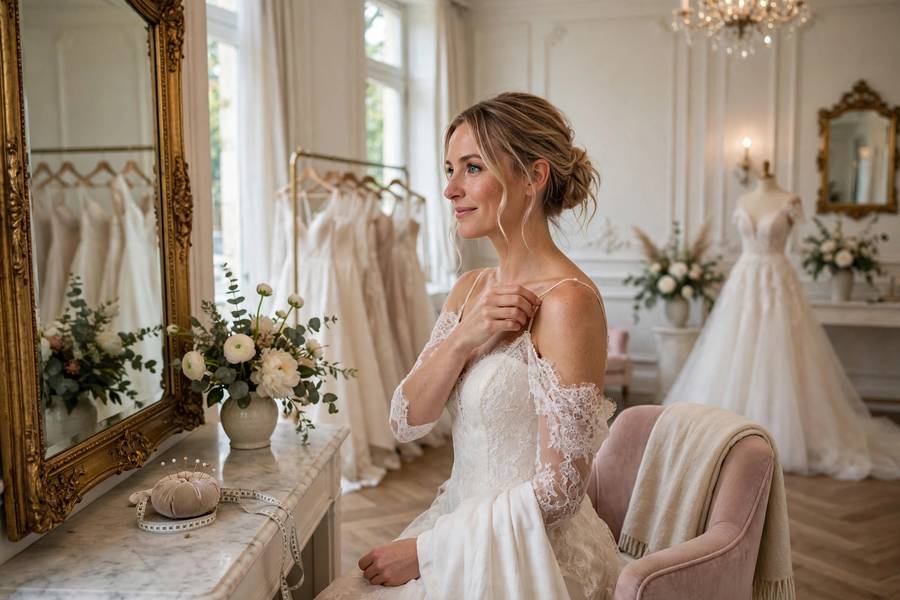 Bride at wedding dress appointment