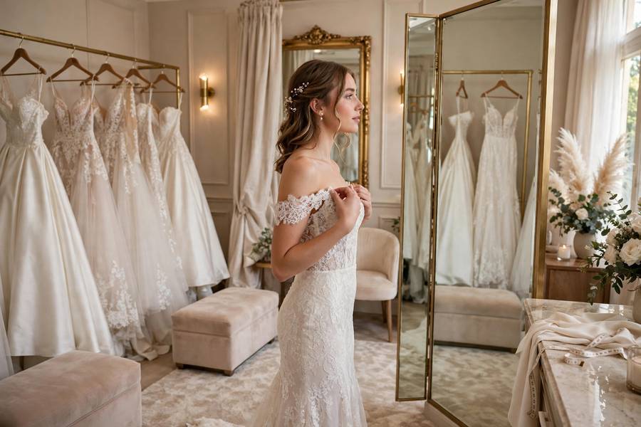 Bride trying dresses in fitting room