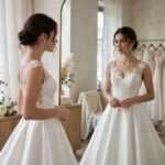 How to Choose a Wedding Dress for Your Body Type: A Real Guide Bride trying on A-line wedding dress in salon mirror
